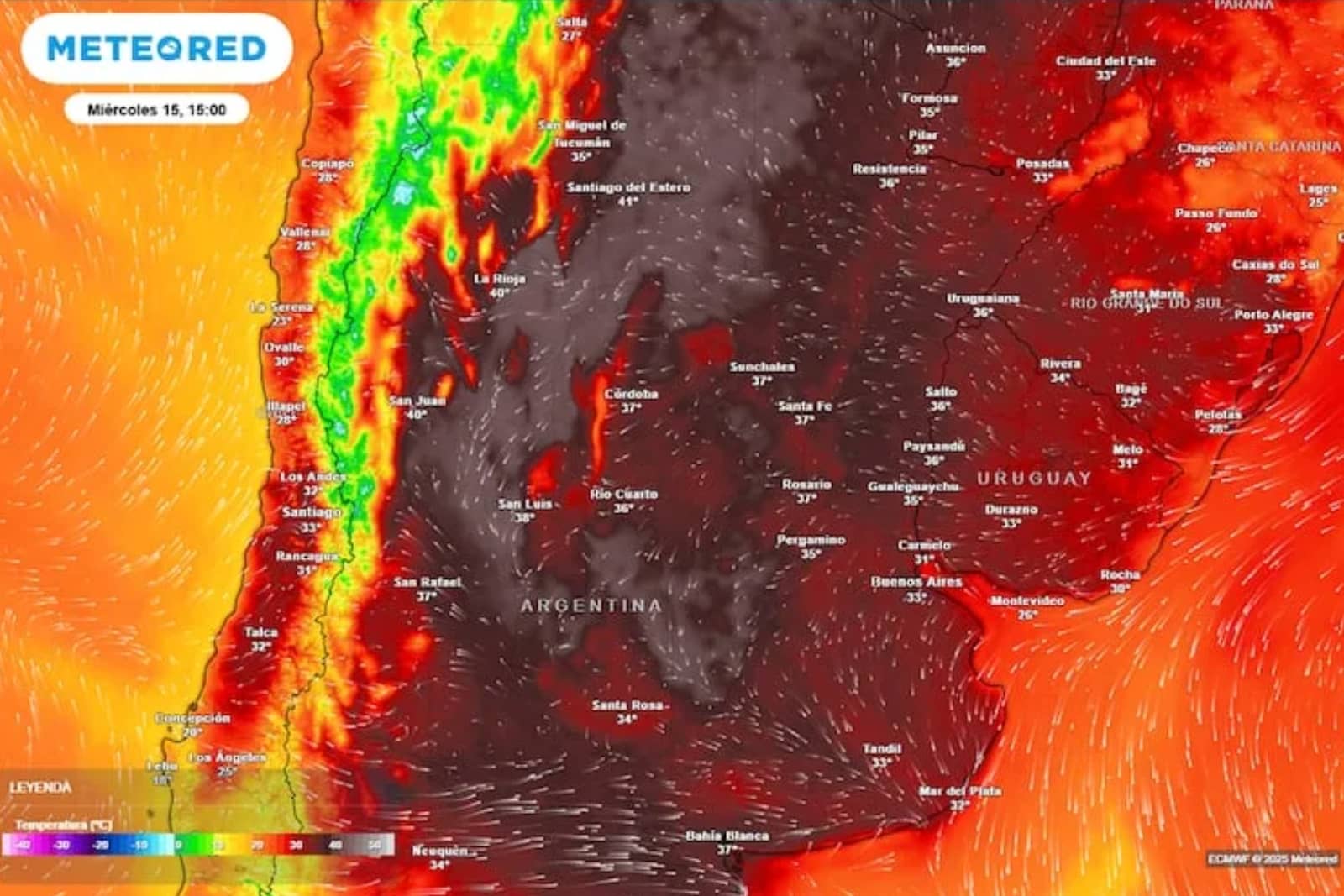 Mapa Meteored con la ola de calor que atraviesa argentina