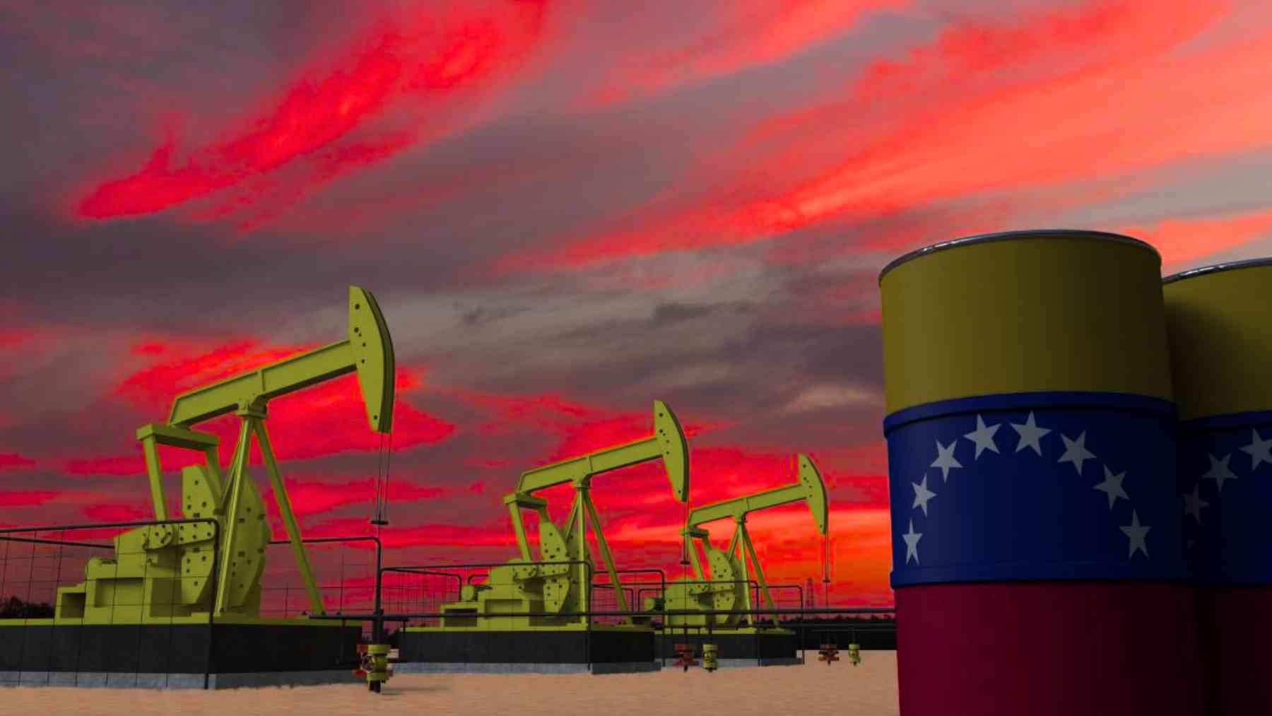 Bombas de petróleo en un paisaje con cielo rojo, símbolo de la industria venezolana