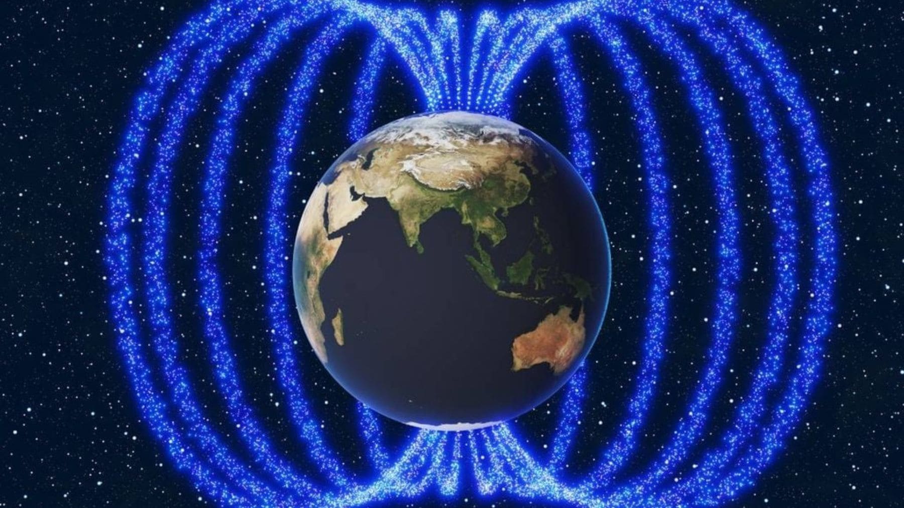 Representación gráfica del campo magnético de la Tierra con líneas de fuerza azules rodeando el globo terráqueo.