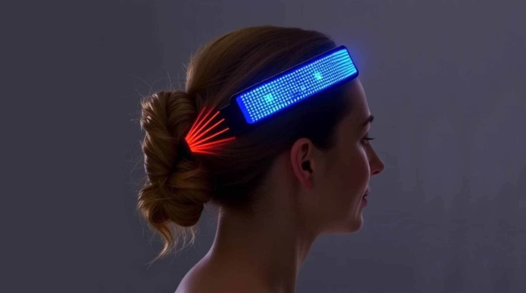 Dispositivo textil con tecnología OLED de luz infrarroja colocado sobre la cabeza para estimular el folículo piloso.