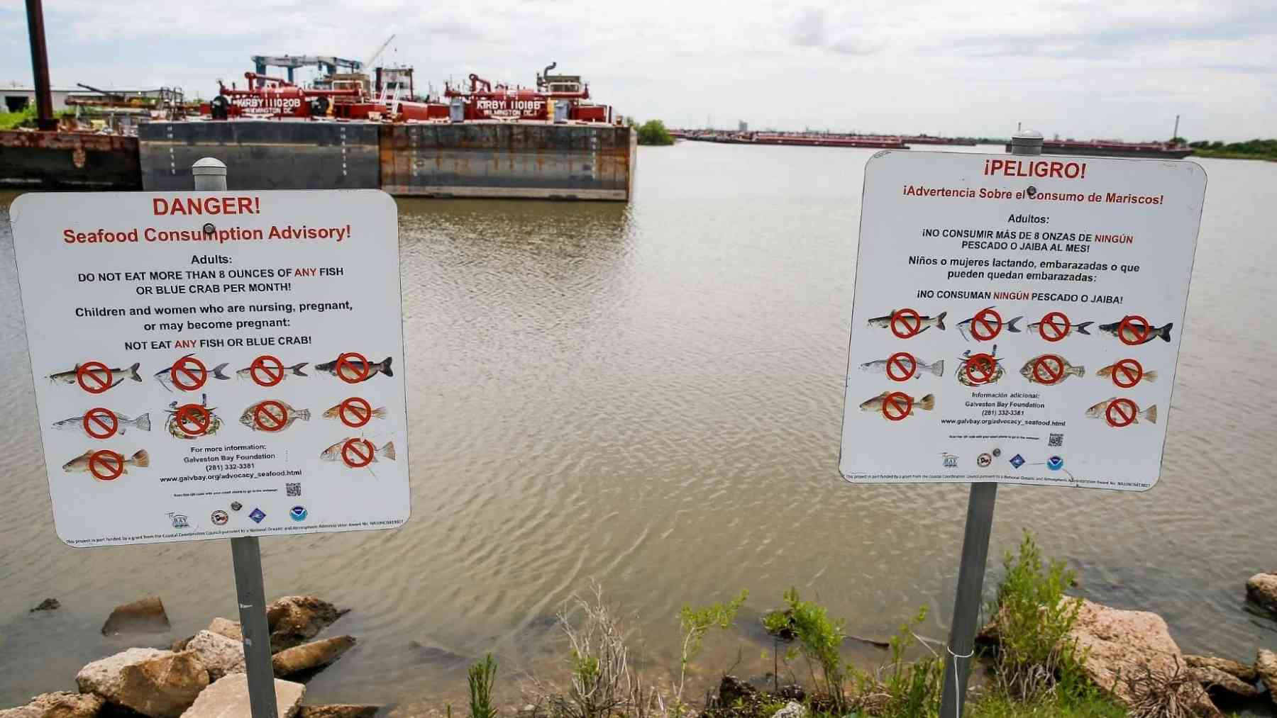 Señales de advertencia sobre consumo de mariscos en Galveston con instrucciones claras