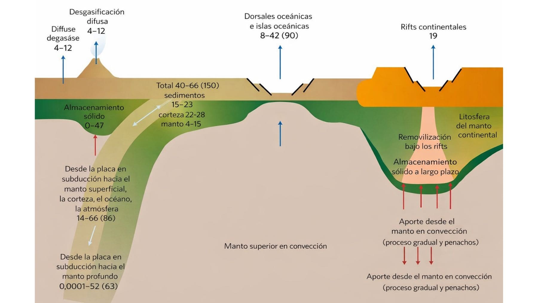 Diagrama del ciclo profundo del carbono y el movimiento del manto terrestre durante la fragmentación de placas continentales.