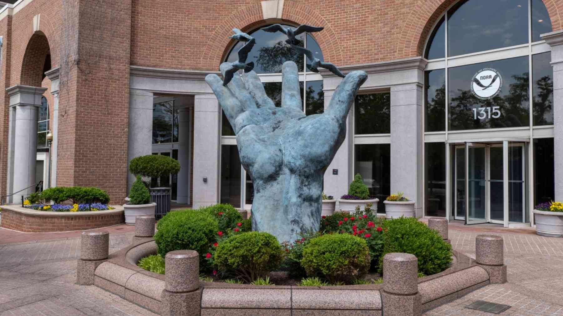Escultura de mano sosteniendo aves en un entorno urbano