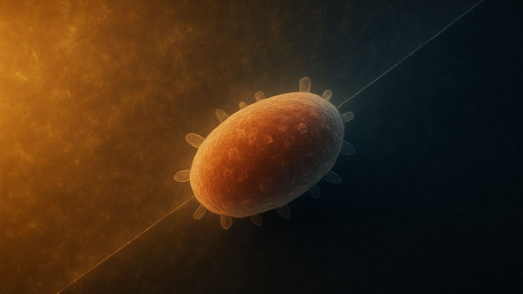 Representación de Sukunaarchaeum, un organismo entre célula y virus con uno de los genomas más pequeños conocidos.