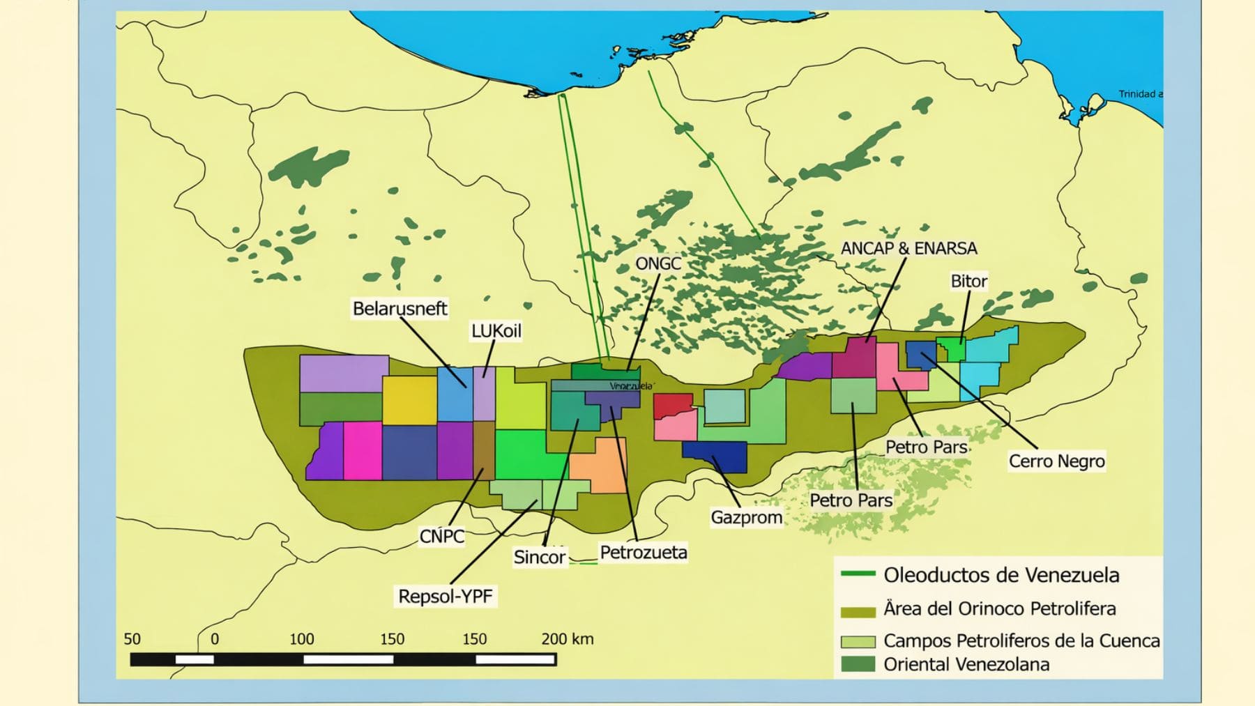 Mapa de la Faja Petrolífera del Orinoco en Venezuela con bloques de explotación y oleoductos.jpg