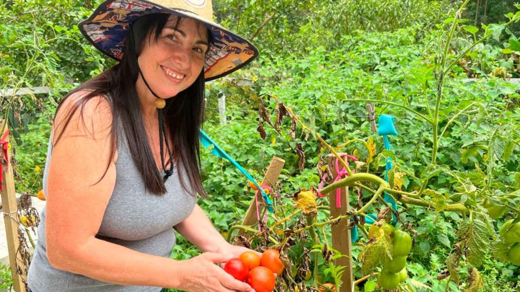 Mujer cosechando tomates en su huerto rural, en una finca donde vive sola y busca autonomía con agricultura y costura