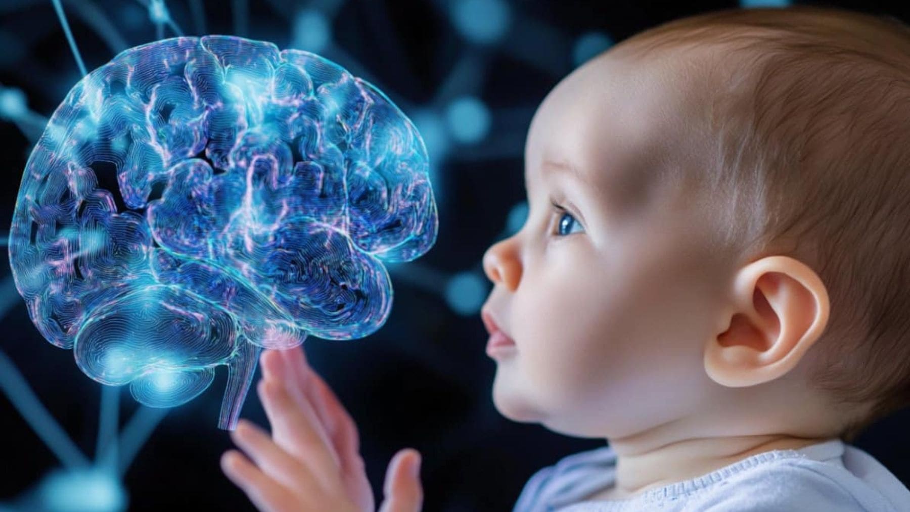 Ilustración del cerebro de un bebé relacionada con el uso temprano del móvil y los efectos en el desarrollo cerebral infantil.