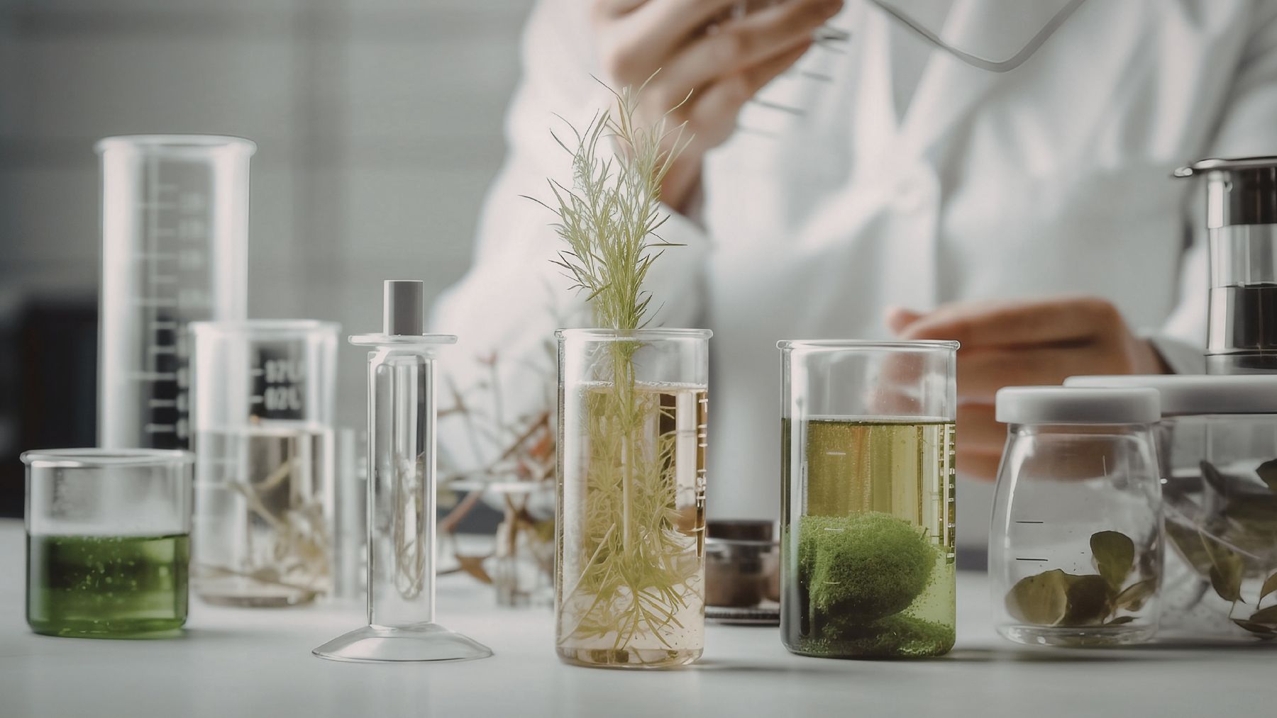 Experimento de fotosíntesis artificial en laboratorio para convertir CO2 y agua en combustible solar.