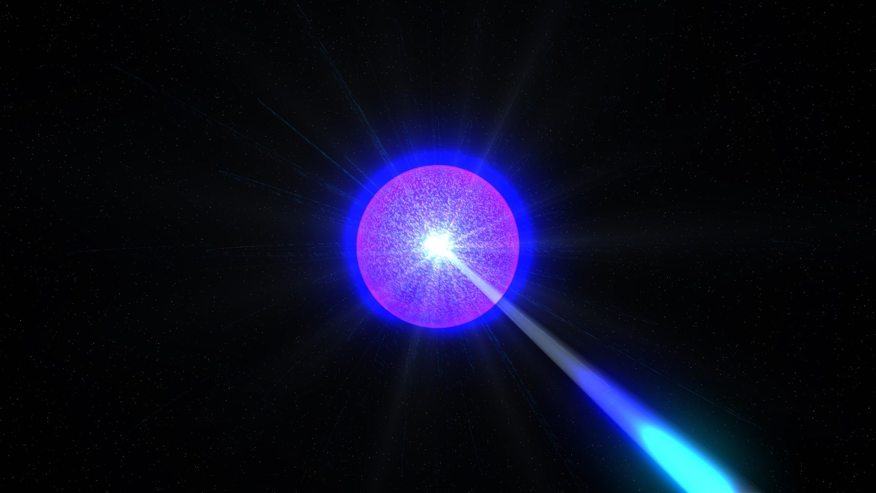 Ilustración de un estallido de rayos gamma con un potente chorro de energía en el espacio profundo.