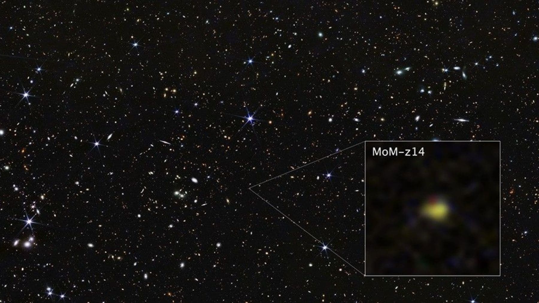 Galaxia MoM-z14 observada por el telescopio James Webb, la más antigua y lejana jamás confirmada.