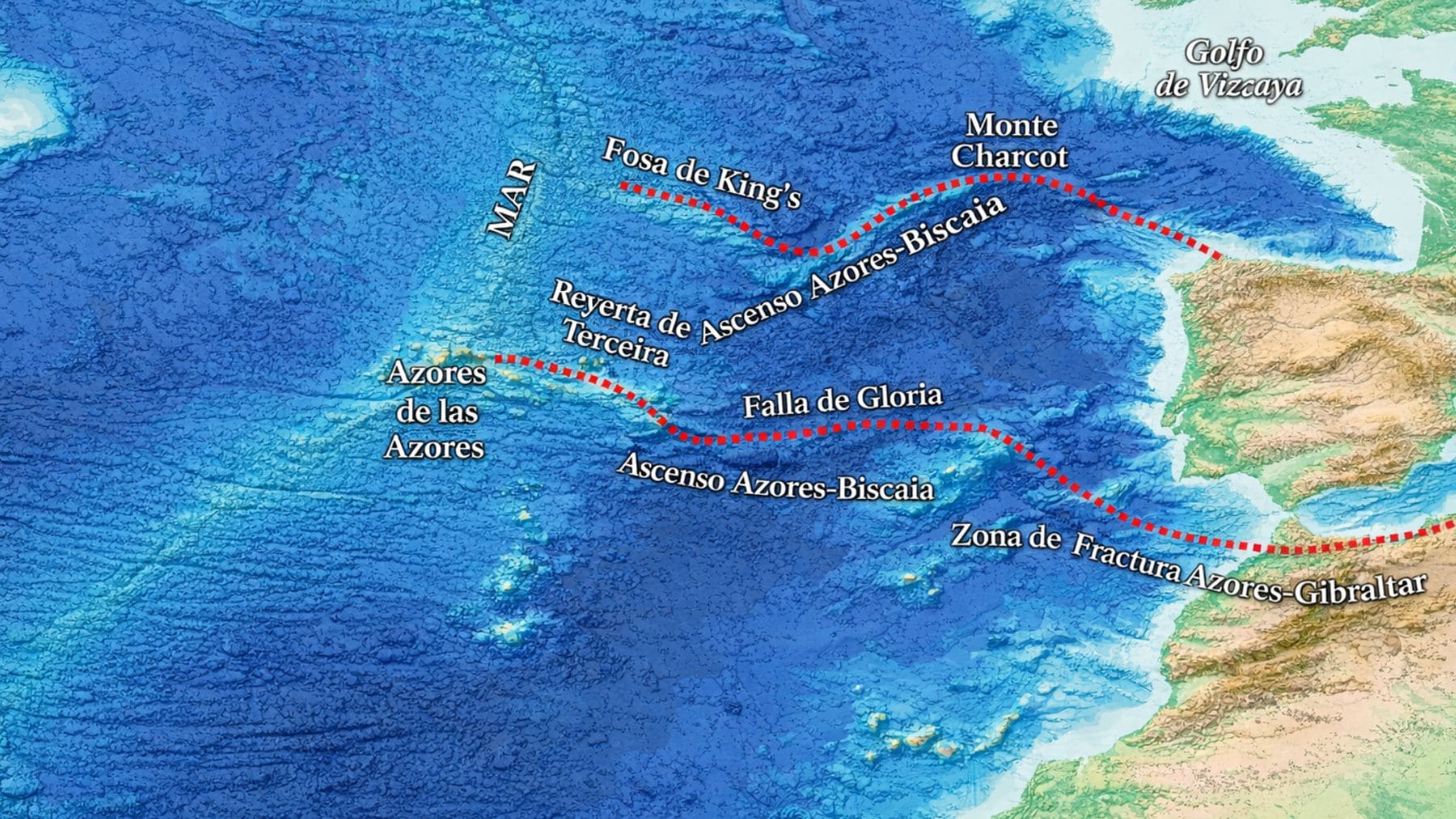 Mapa batimétrico del King’s Trough Complex en el Atlántico Norte mostrando la deformación tectónica entre Europa y África.