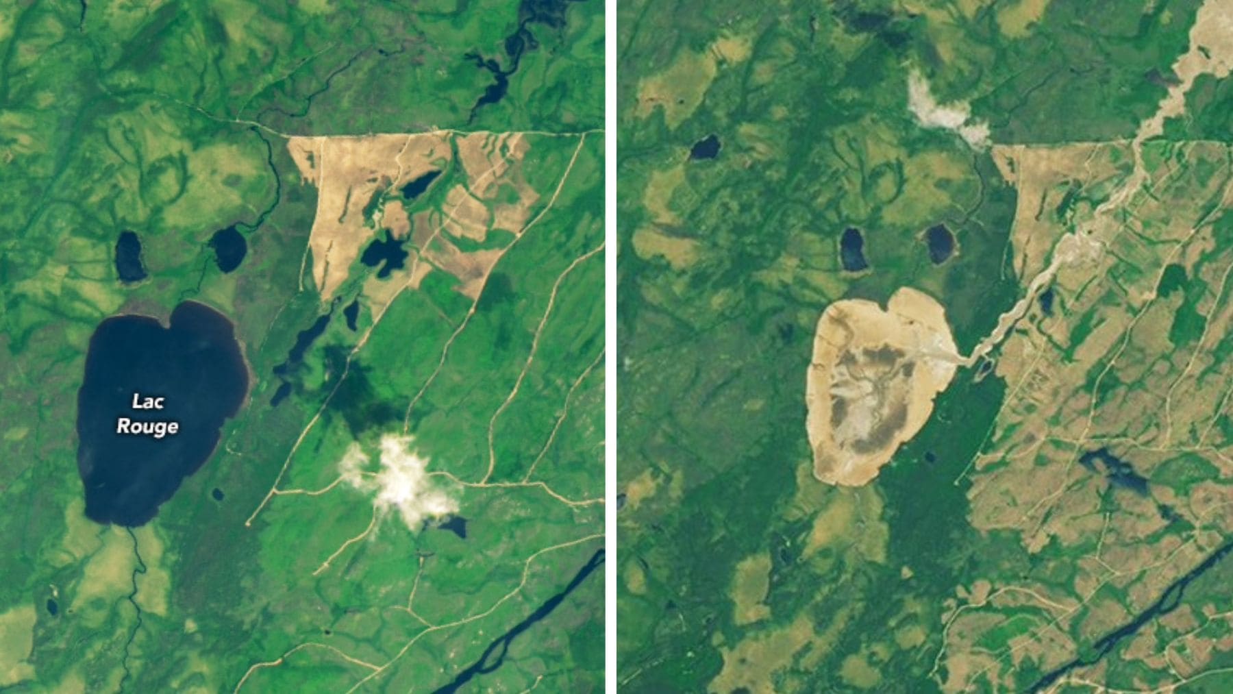Imagen satelital comparativa del Lac Rouge en Canadá antes y después de desaparecer según la NASA.