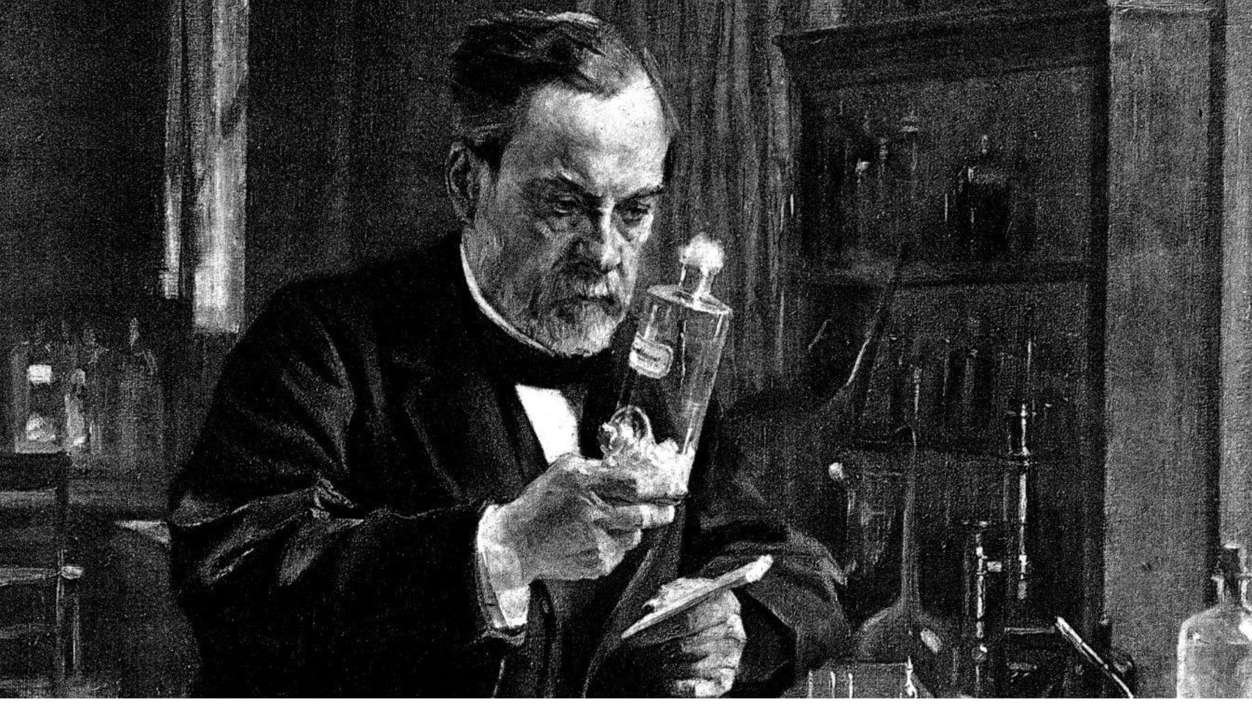 Retrato de Louis Pasteur en su laboratorio observando un frasco durante sus investigaciones sobre microbios.