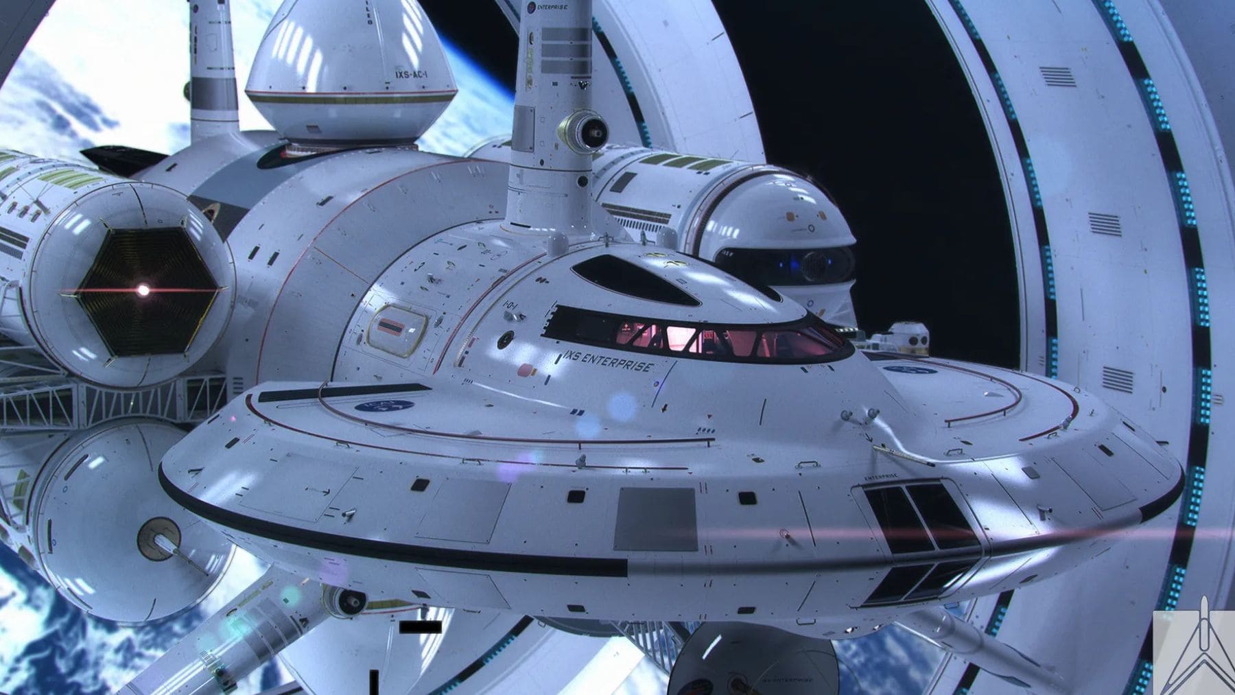 Concepto del IXS Enterprise con motor de curvatura basado en la métrica de Alcubierre y energía del vacío.