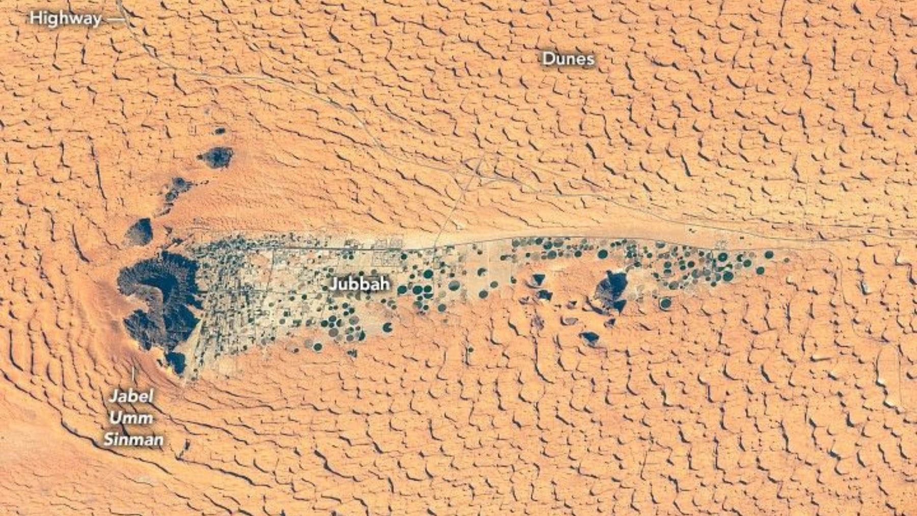 Círculos verdes de cultivo en el desierto del Nafud, Arabia Saudí, fotografiados desde la Estación Espacial Internacional por la NASA.
