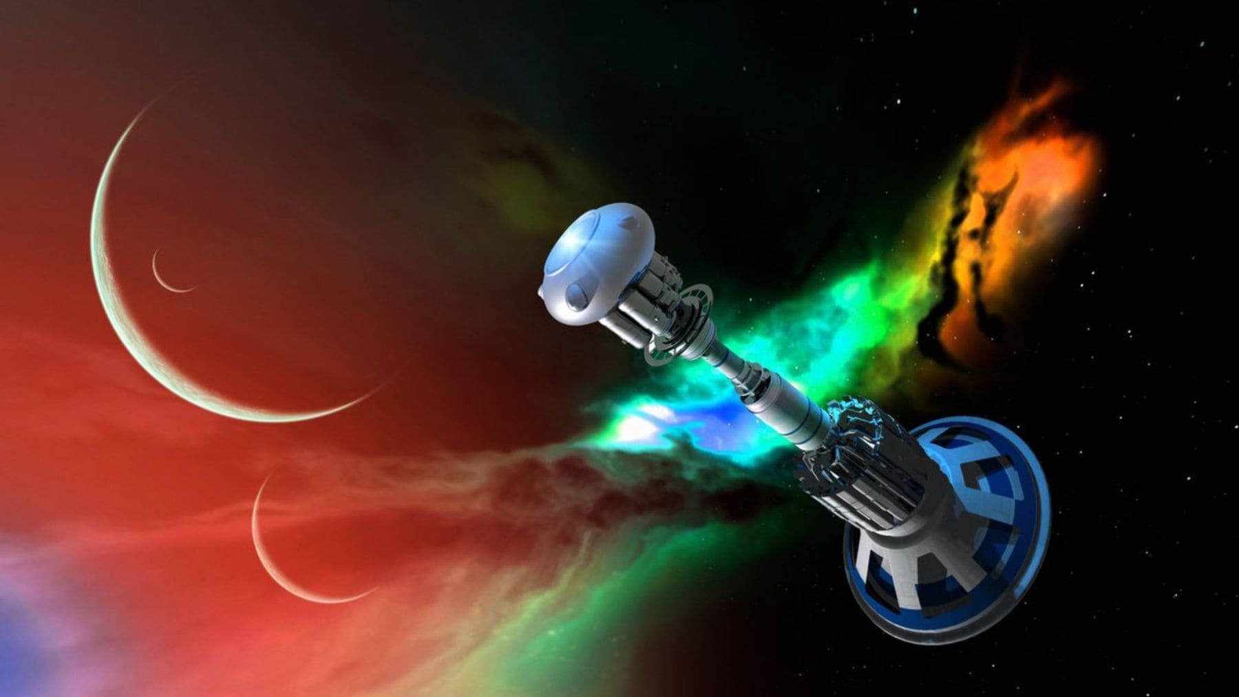 Ilustración de una nave interestelar impulsada por un haz de electrones y plasma en el espacio profundo