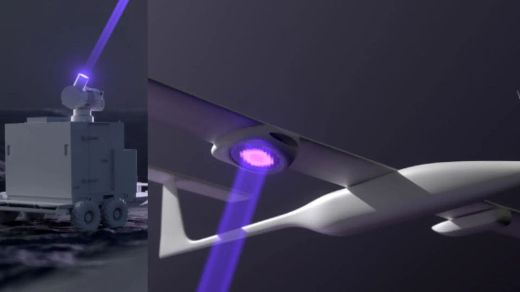 Rayo láser recargando un dron militar estadounidense en pleno vuelo para permitir misiones aéreas continuas.