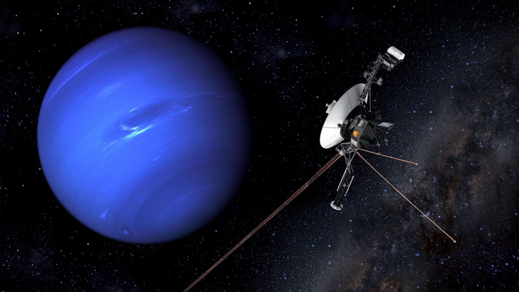 Ilustración de la sonda Voyager 2 durante su sobrevuelo de Neptuno en 1989.