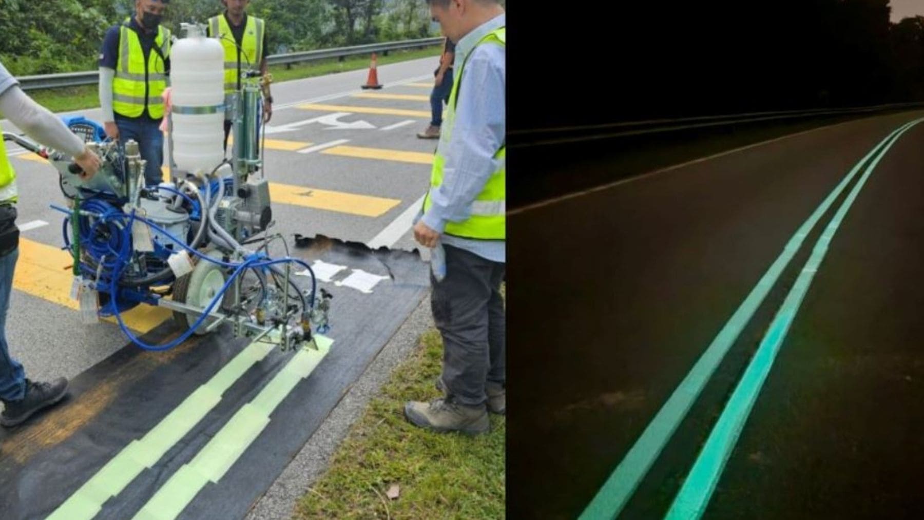 líneas fosforescentes en carretera de Malasia que brillan en la oscuridad durante prueba en Semenyih.