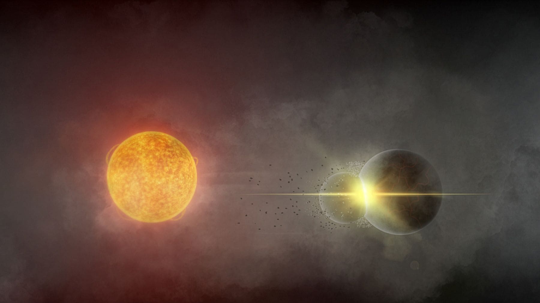 Colisión entre dos planetas cerca de la estrella Gaia20ehk con nube de escombros y brillo infrarrojo.
