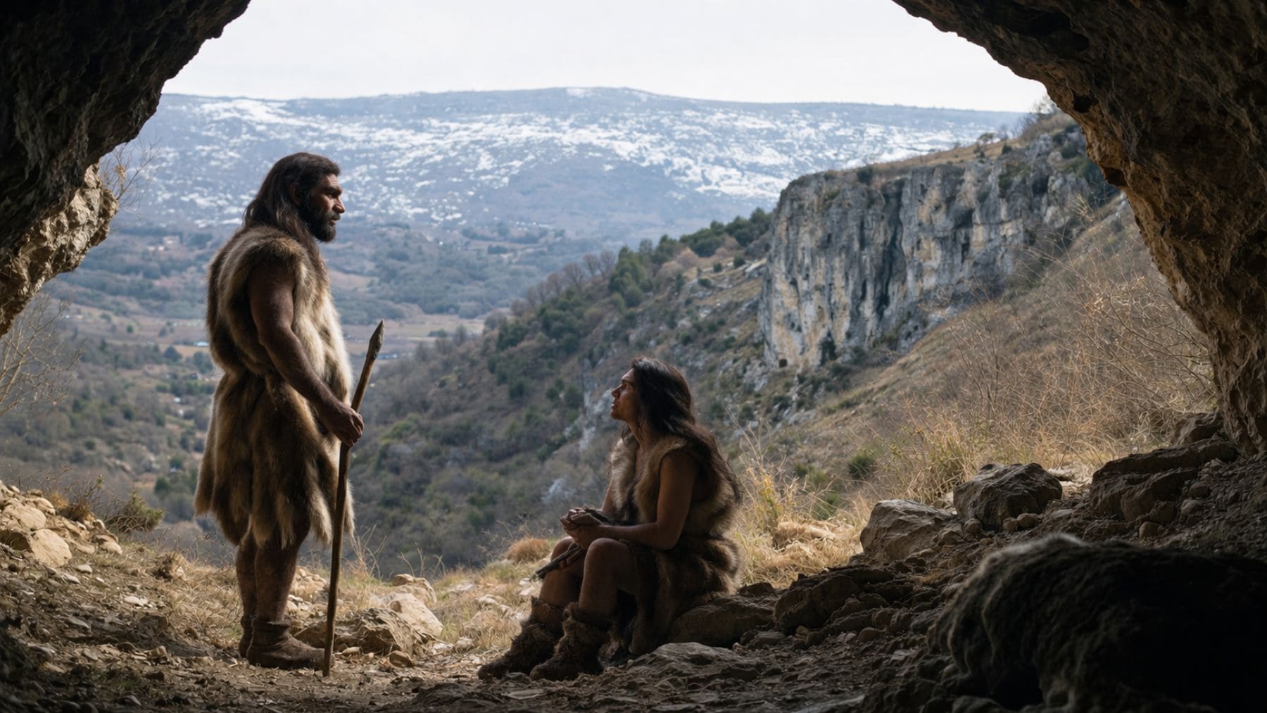 Hombre neandertal y mujer Homo sapiens en una cueva prehistórica tras un cruce entre especies según estudio genético.