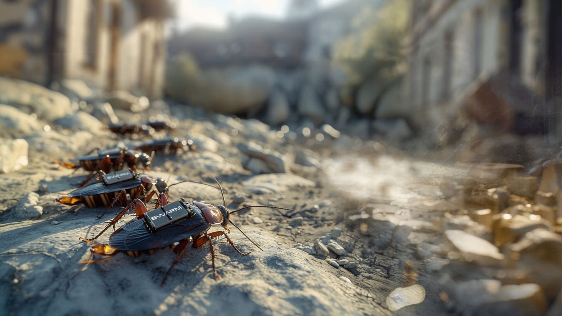 Cucarachas cyborg con mochilas electrónicas de SWARM Biotactics avanzando entre escombros para misiones militares y de rescate