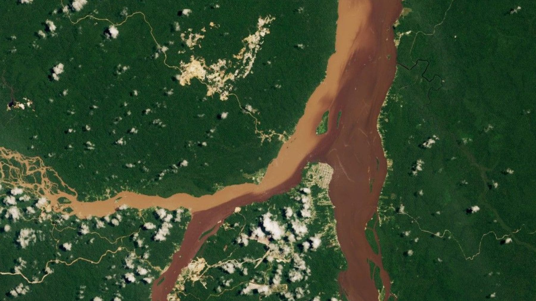 Imagen satelital del cinturón de sargazo formando una franja marrón en el océano Atlántico detectada por científicos.