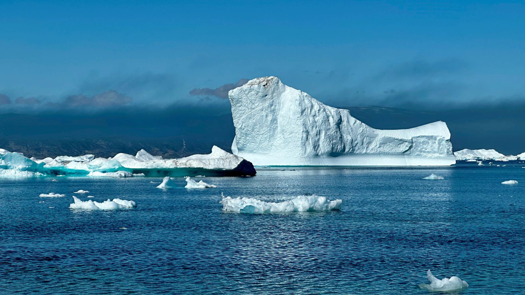 Iceberg frente a la costa de Groenlandia donde el nivel del mar podría bajar hasta 2,5 metros según un estudio en Nature.