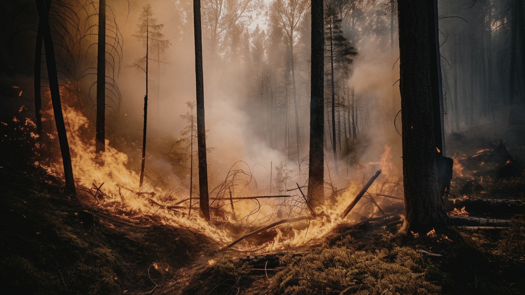 Incendio forestal avanzando entre árboles de un bosque europeo afectado por sequía y cambio climático.