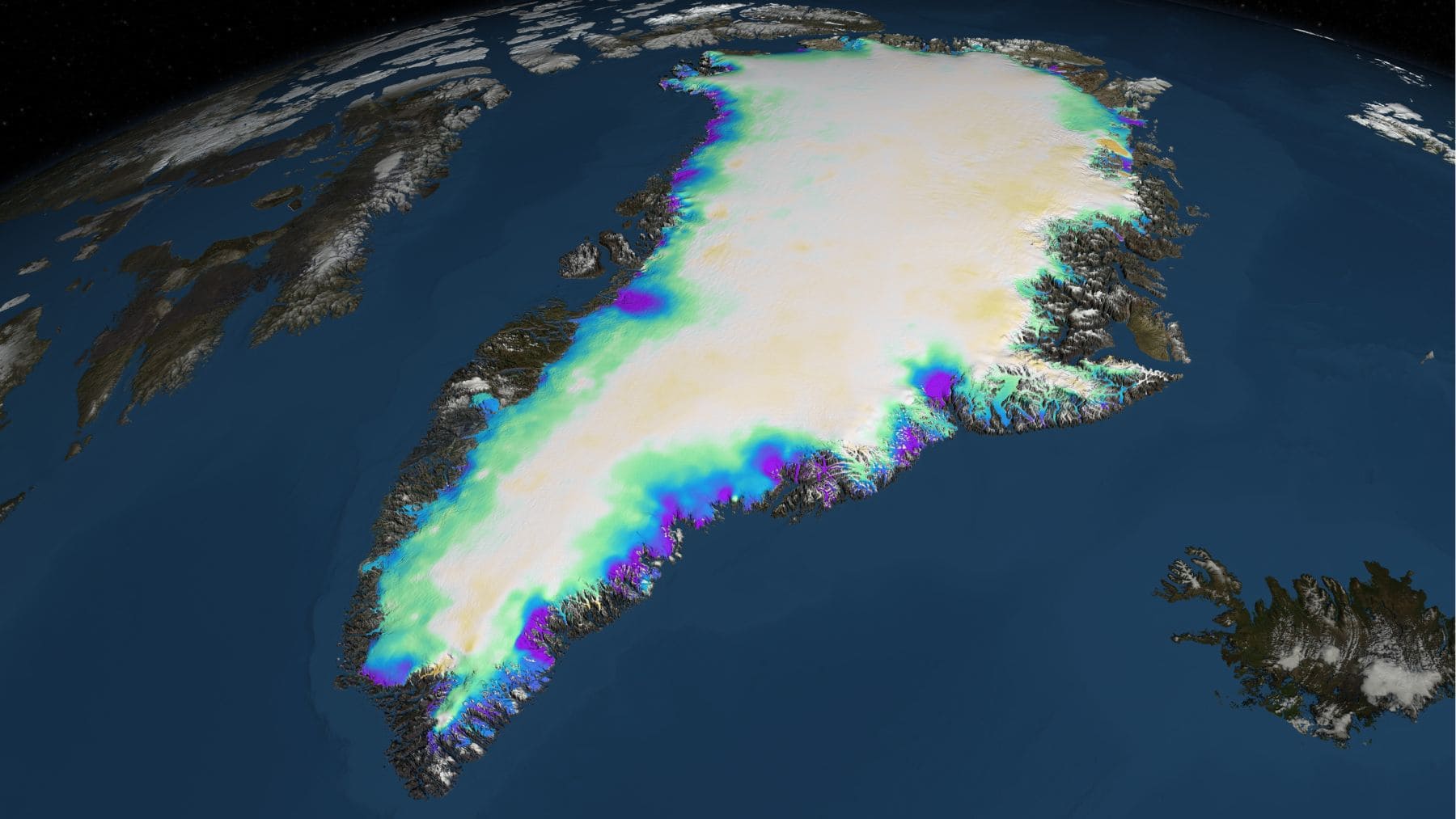 Mapa satelital de la capa de hielo de Groenlandia usado por científicos de la NASA para estudiar el movimiento interno del hielo.