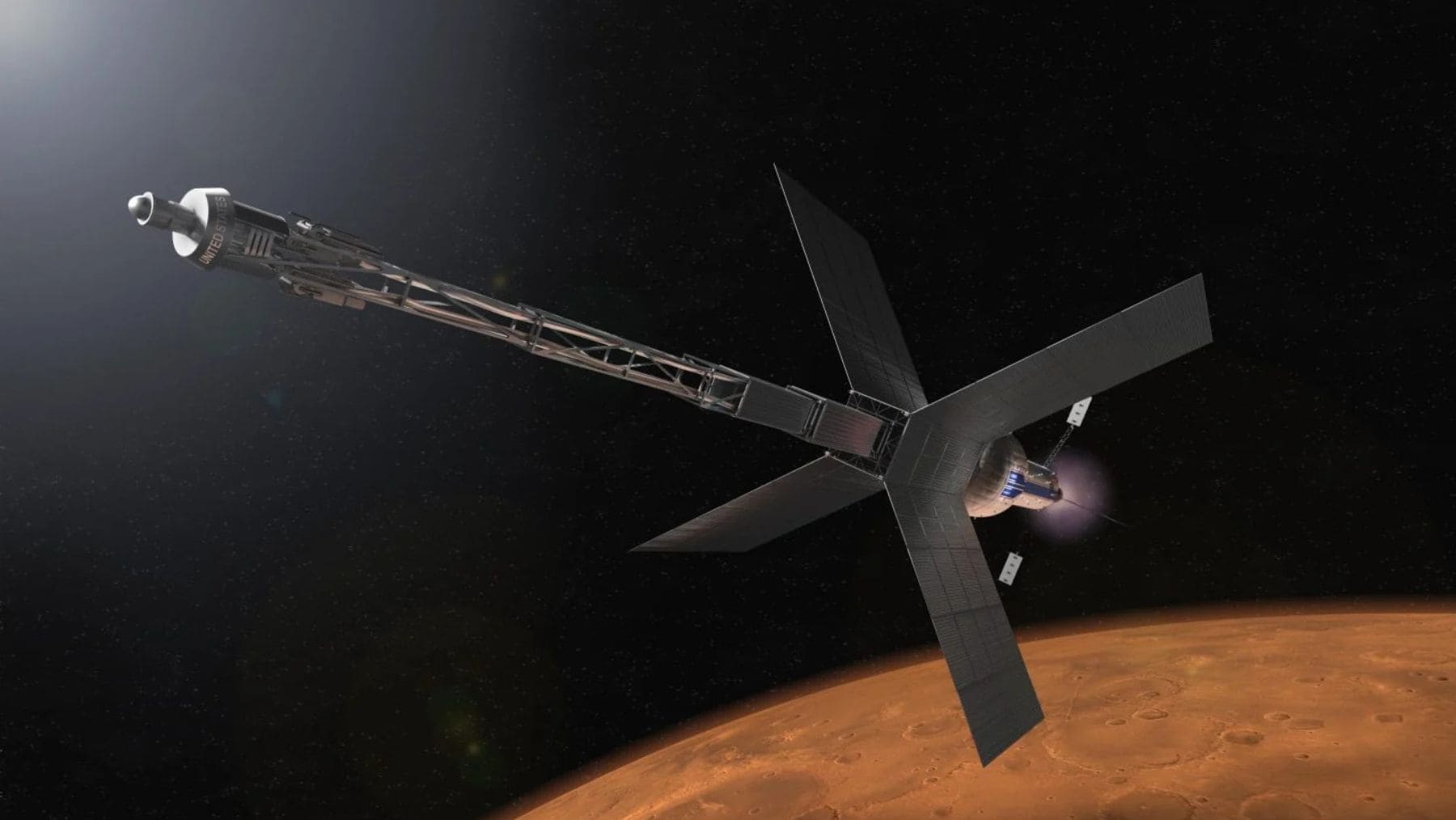 Nave nuclear de la NASA orbitando Marte con propulsión eléctrica avanzada y paneles solares desplegados.