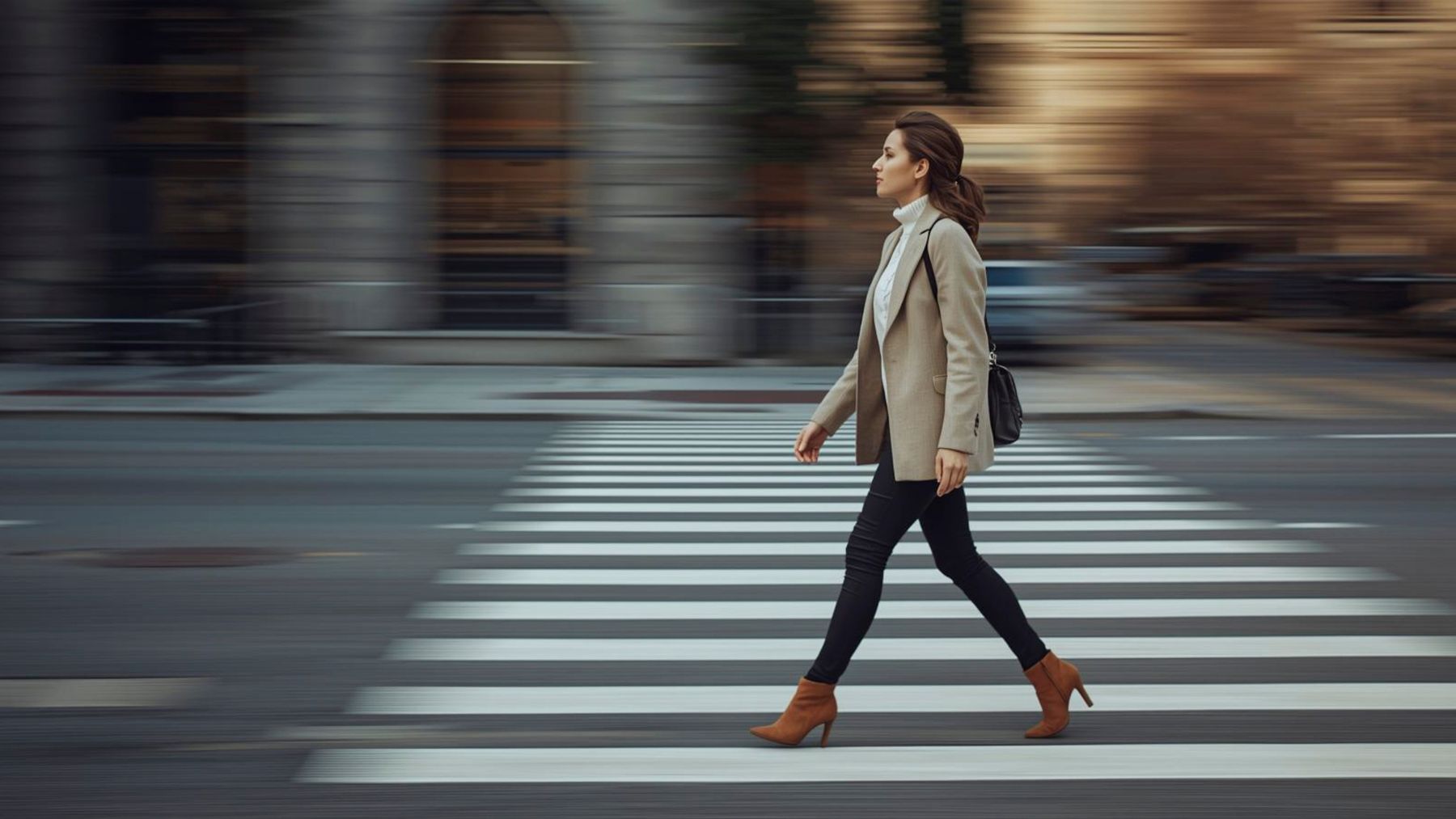 Mujer caminando rápido por un paso de cebra en ciudad, asociada a anticipación mental según la psicología.