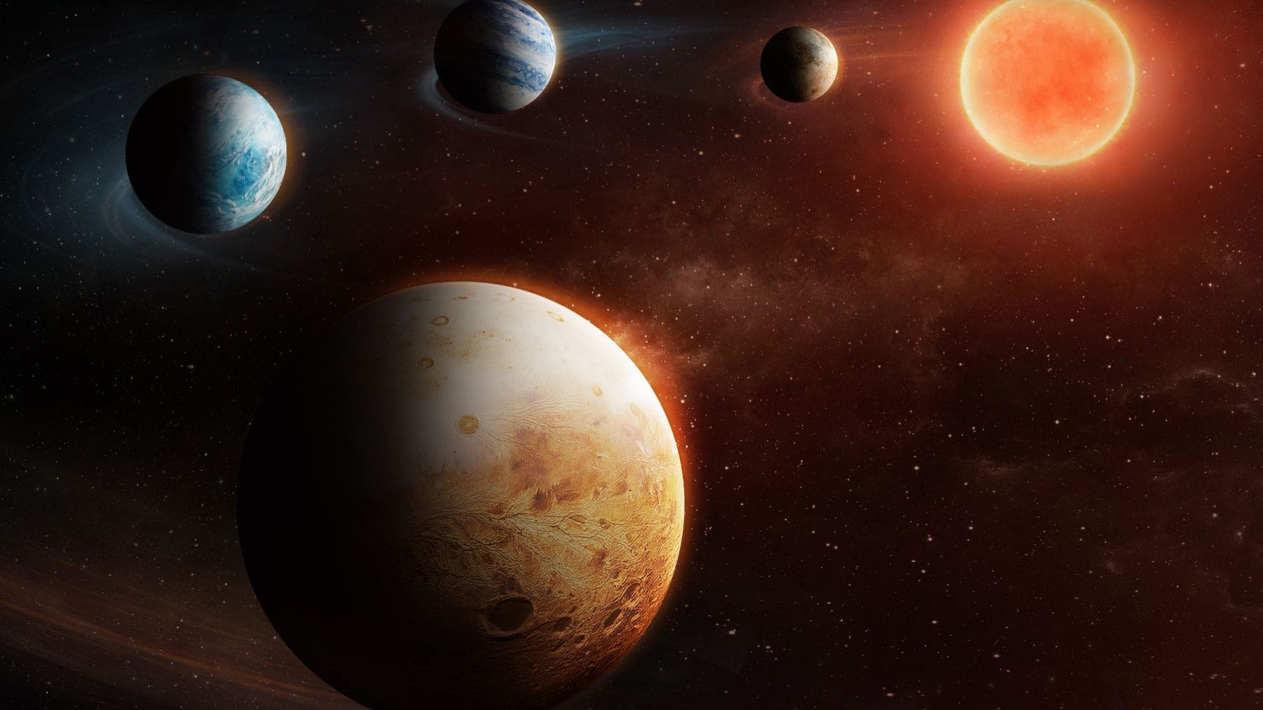 Ilustración del sistema planetario LHS 1903 con cuatro exoplanetas orbitando una estrella enana roja a 120 años luz.