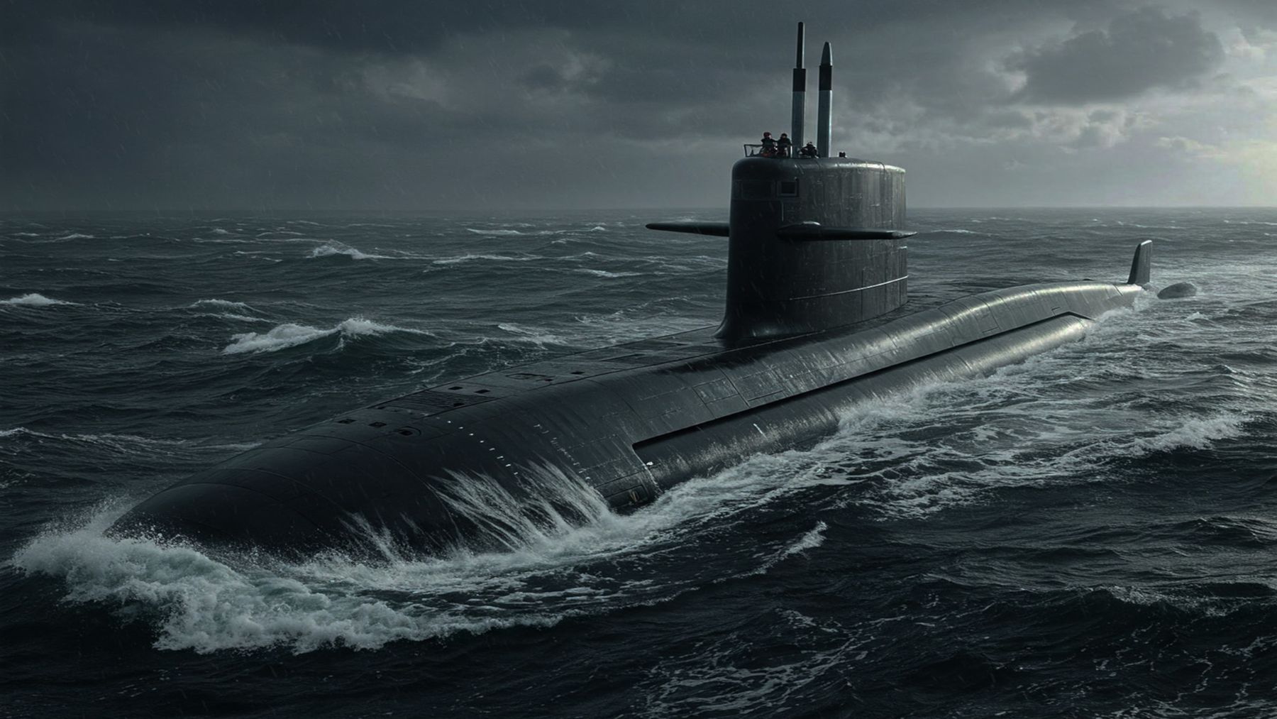 Submarino nuclear de Estados Unidos navegando en mar abierto bajo condiciones adversas.