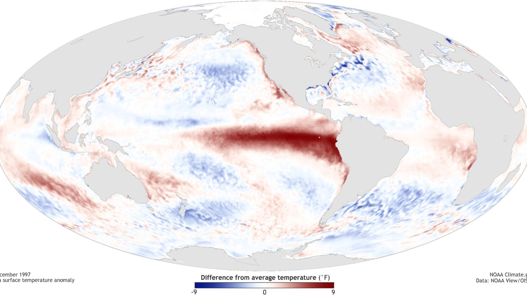 Mapa de anomalías de temperatura del océano Pacífico durante un evento de El Niño intenso según NOAA.