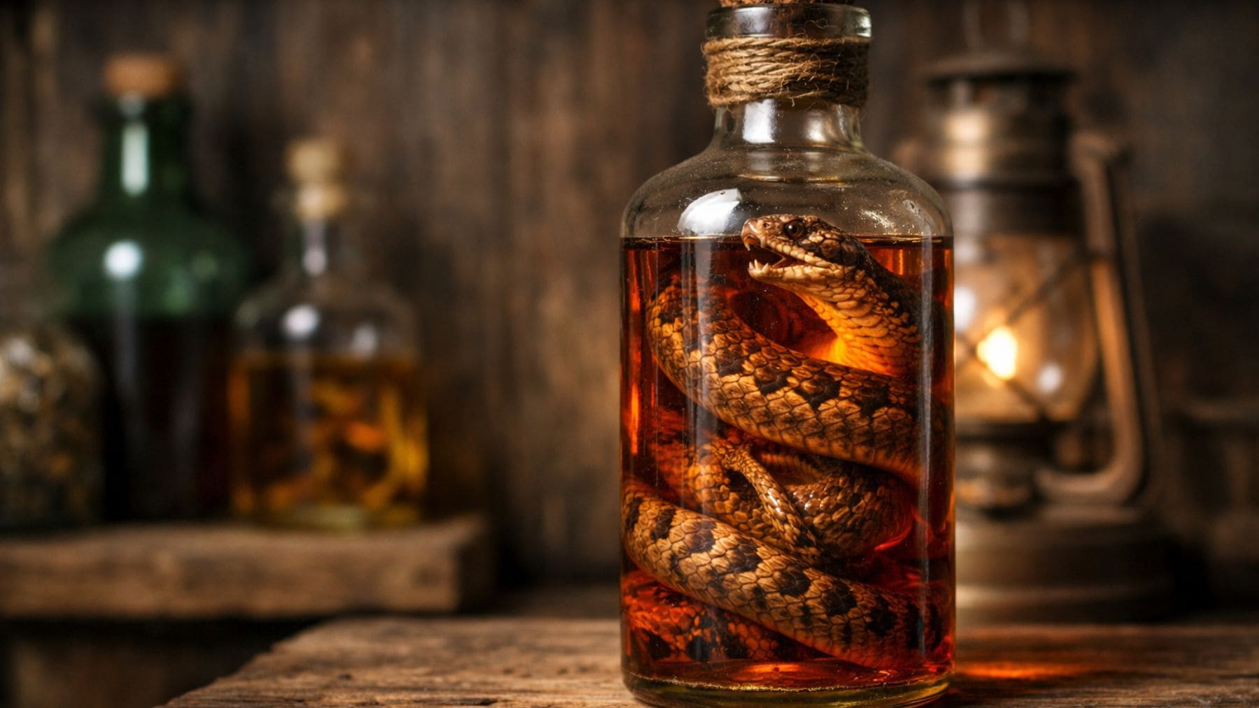 Botella con víbora conservada en vino, antigua receta alpina convertida en brebaje tradicional.