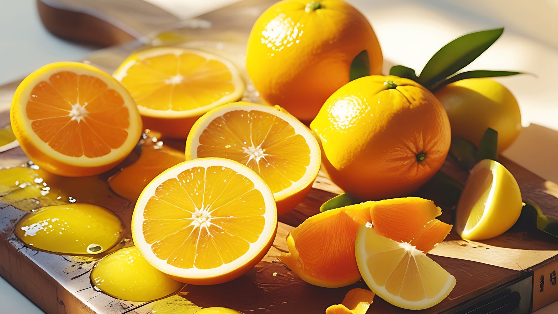 Naranjas cortadas ricas en vitamina C frente al debate sobre la vitamina D y el sol en invierno.
