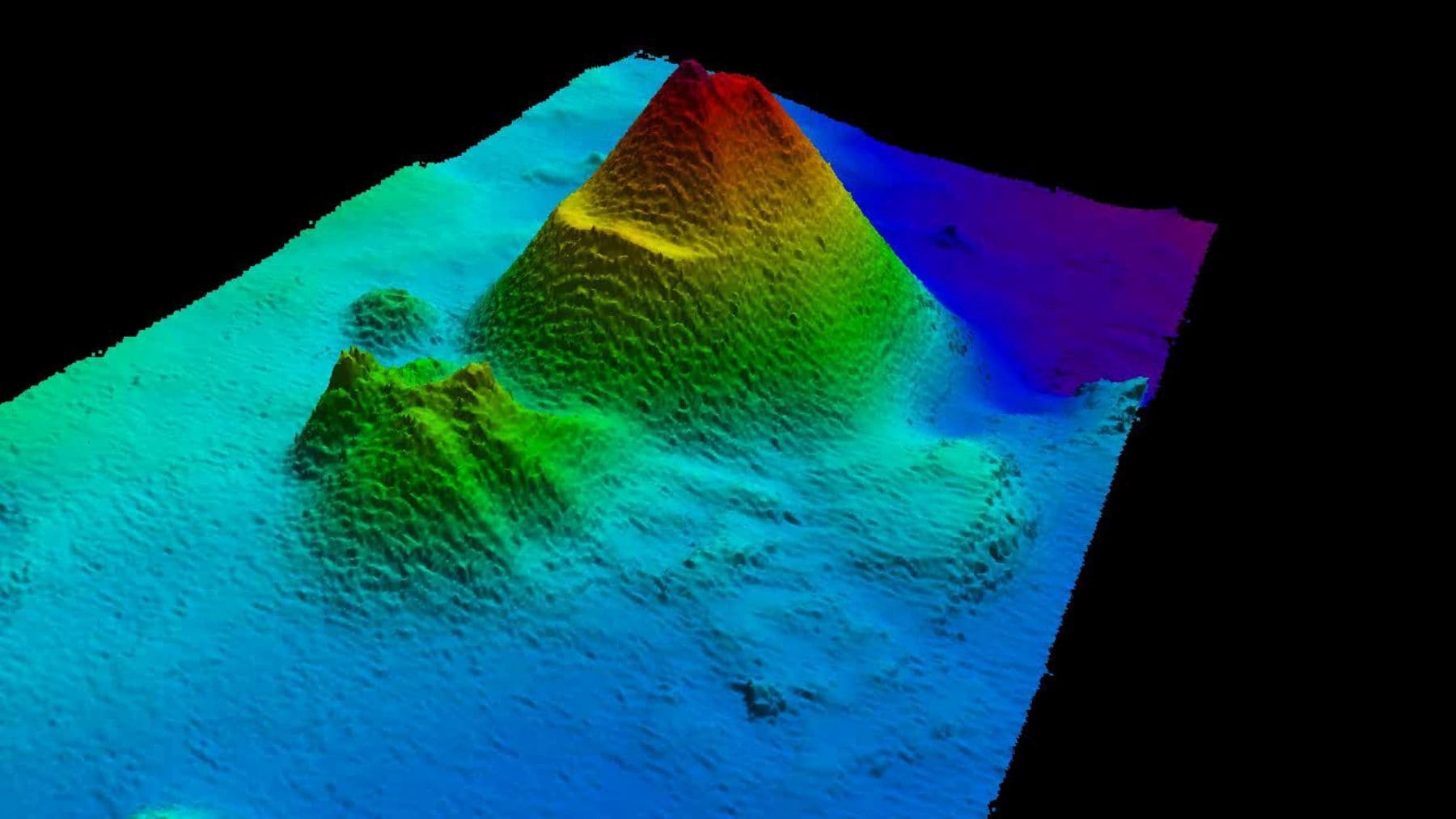 Imagen 3D del volcán submarino de Enmedio entre Tenerife y Gran Canaria donde científicos han detectado actividad hidrotermal.