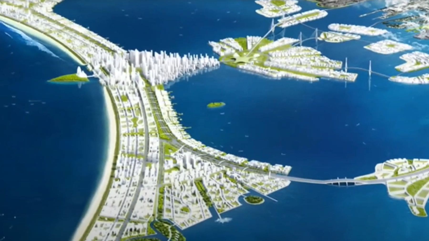 Render del proyecto del gran muro marino NCICD en Yakarta para frenar el hundimiento y la subida del nivel del mar.