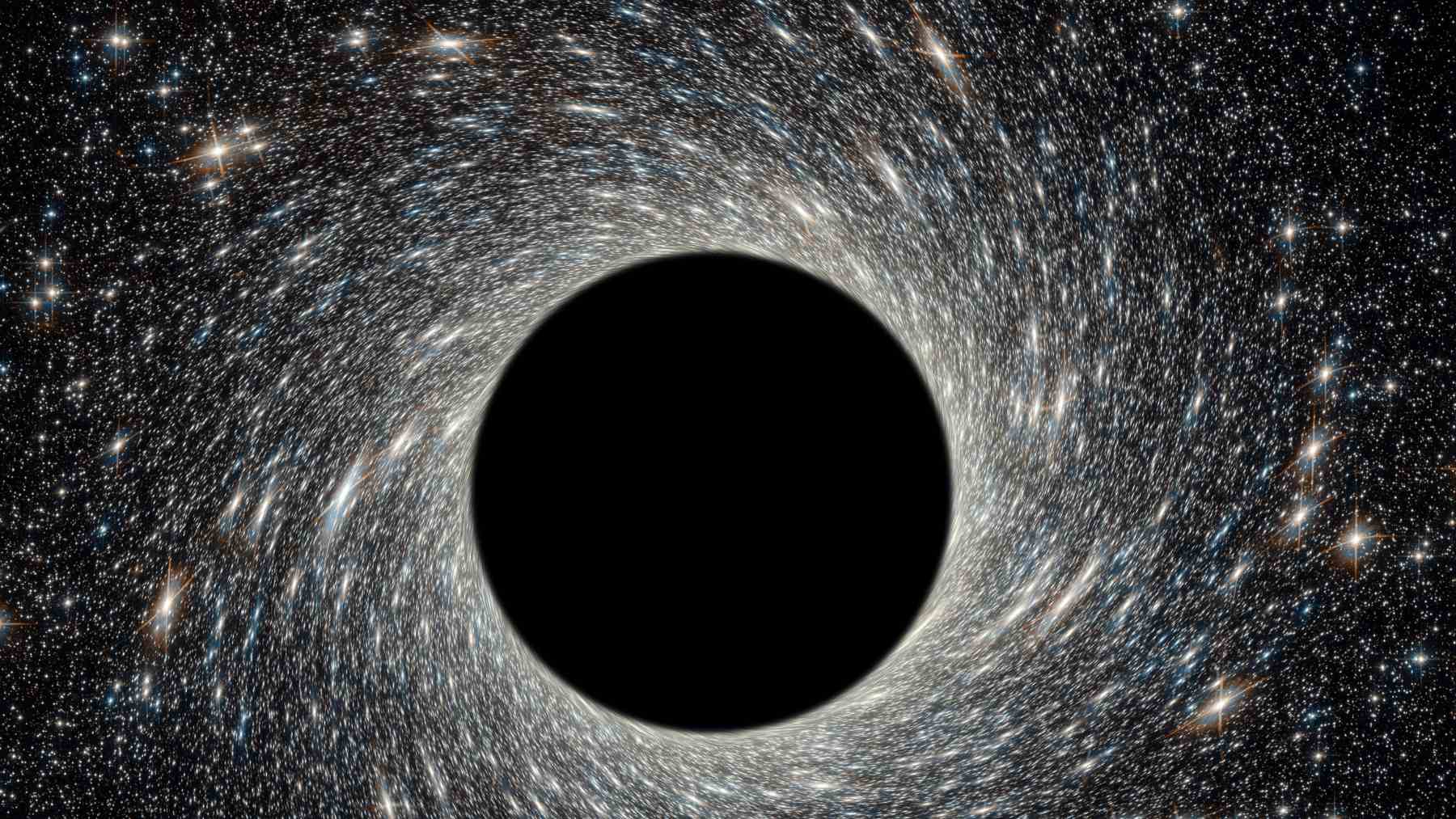 Ilustración de un agujero negro con disco de acreción y efecto gravitacional en el espacio profundo.