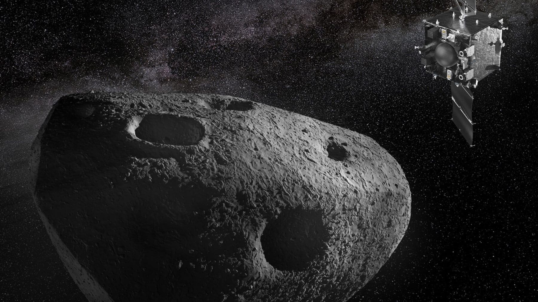 Asteroide Apophis junto a una nave espacial durante su aproximación a la Tierra en 2029 según la ESA y la NASA.
