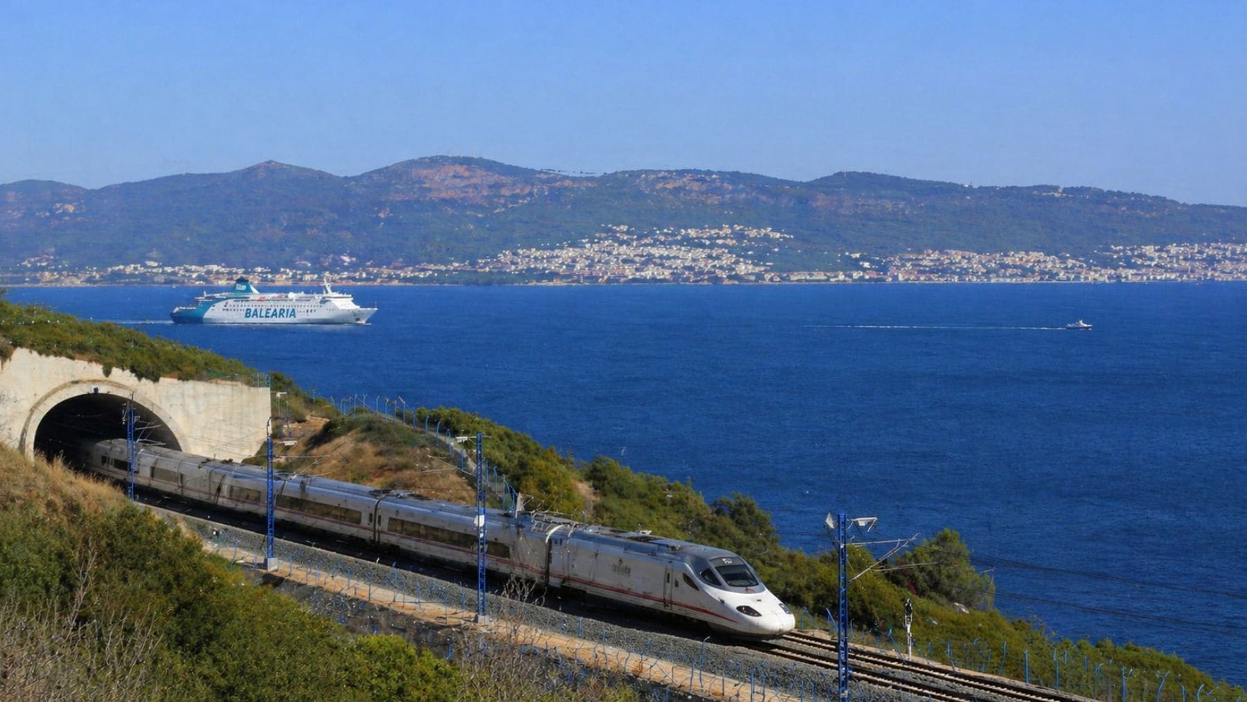 Tren de alta velocidad junto al mar en el Estrecho de Gibraltar, zona donde se estudia el túnel entre España y Marruecos.
