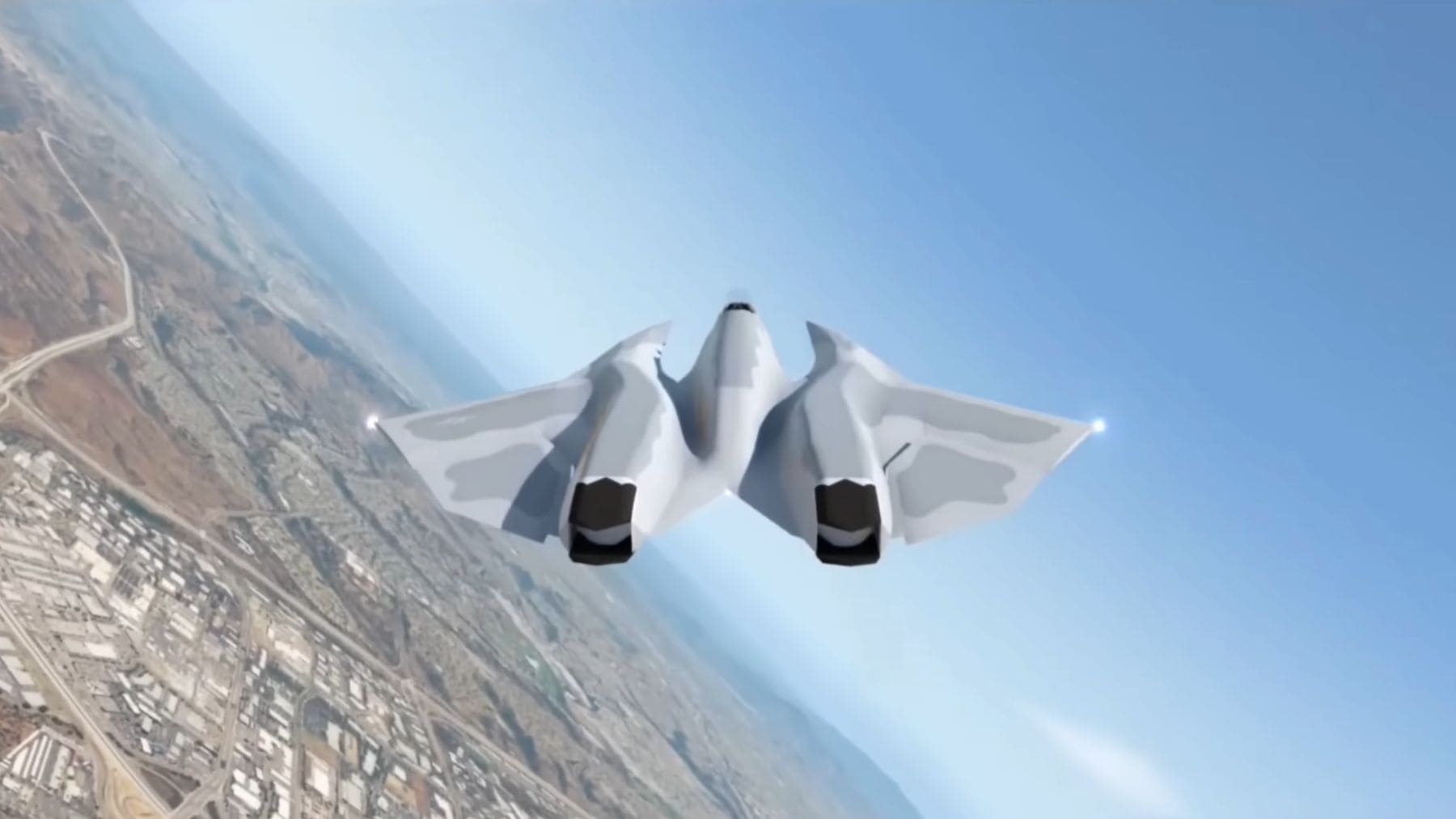 Avión SM-39 Razor con diseño de ala integrada tipo murciélago volando a alta velocidad sobre una ciudad.