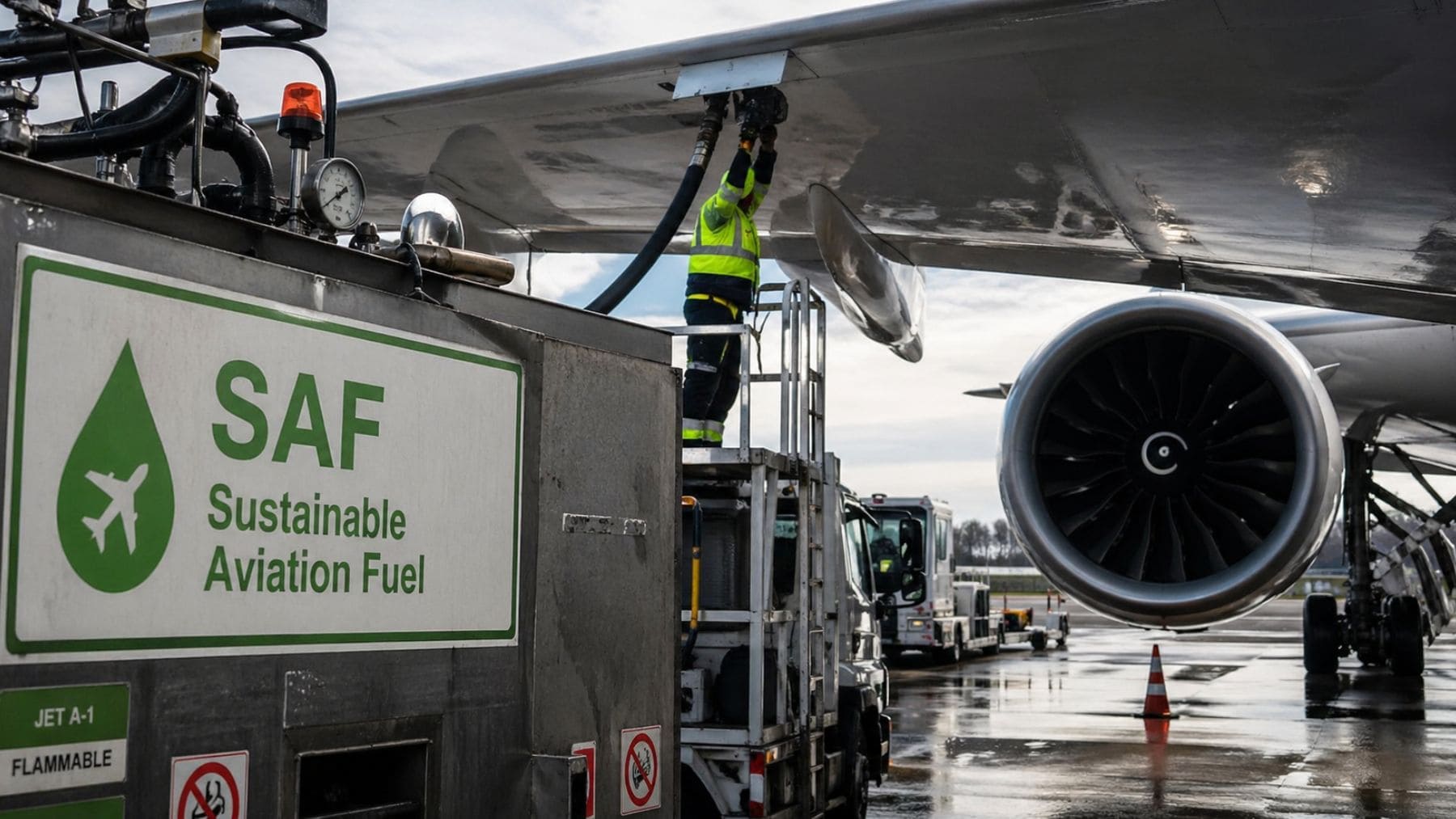 Avión repostando combustible sostenible SAF en Europa ante la crisis del queroseno.