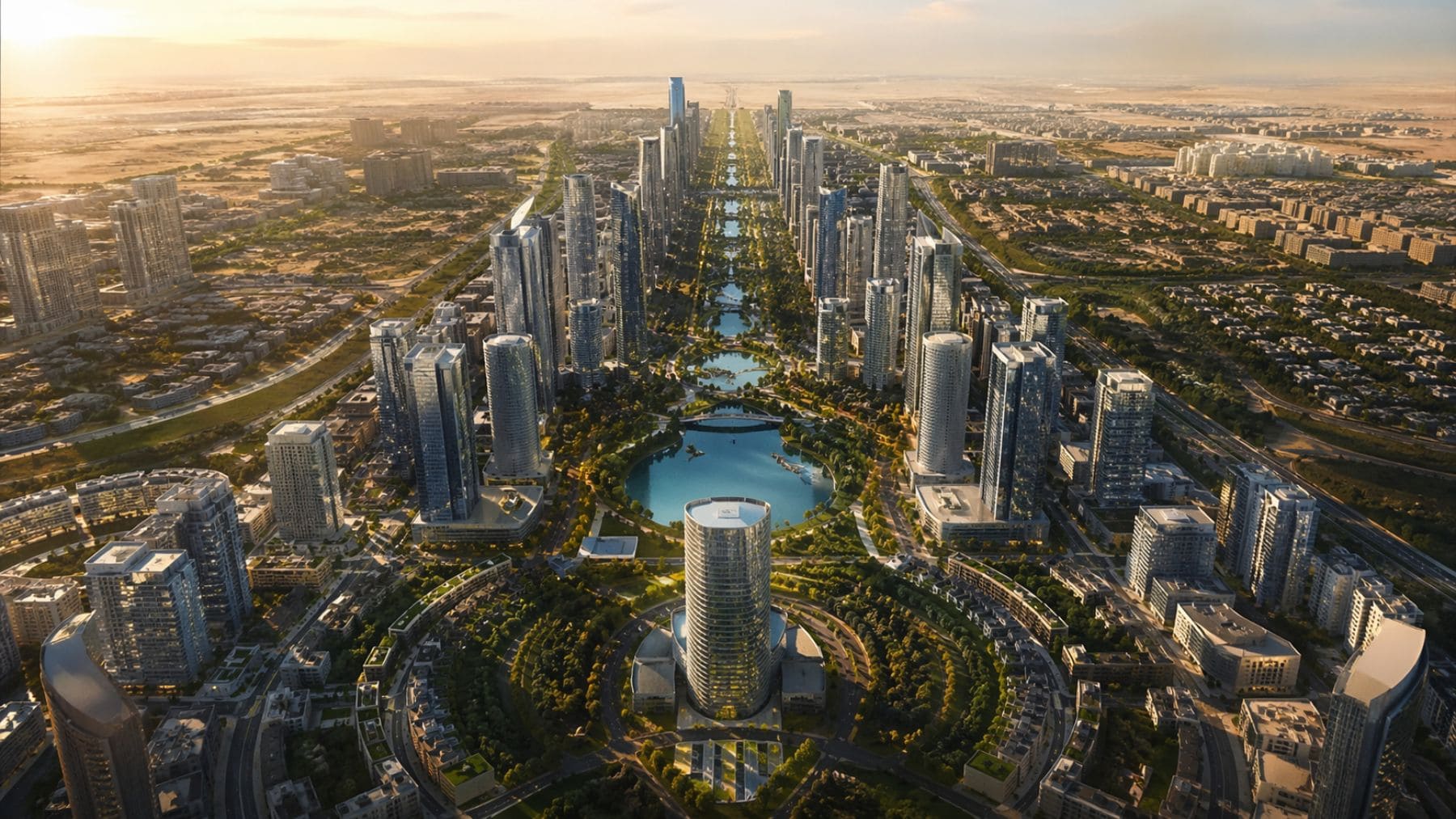 Ciudad futurista en Egipto con rascacielos y zonas verdes del proyecto The Spine en El Cairo.