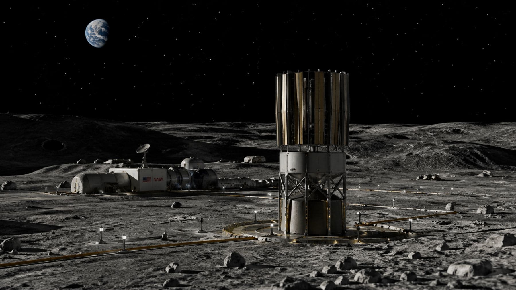 Reactor nuclear en la Luna de la NASA generando energía para una base espacial de EEUU.