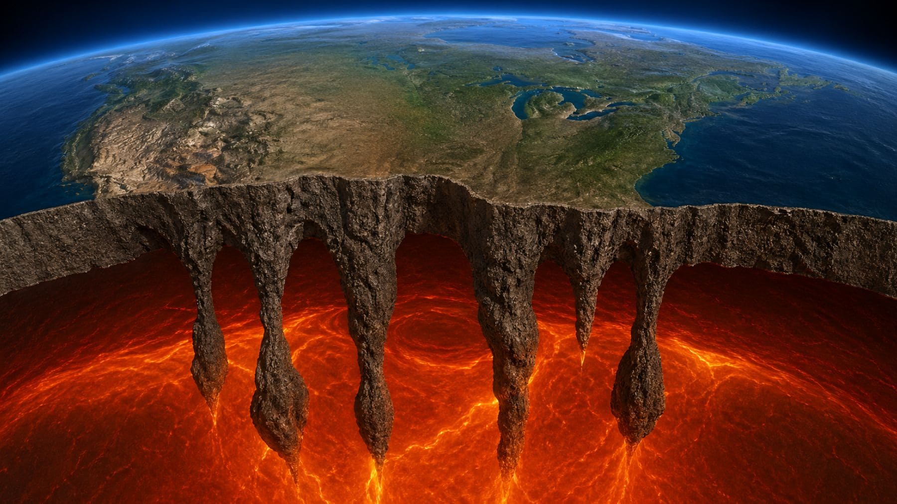 Ilustración del cratón de Estados Unidos hundiéndose en el manto terrestre con formaciones rocosas descendiendo a gran profundidad.
