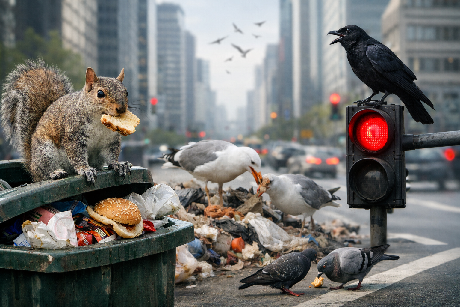 Ardilla y aves comiendo basura en ciudad mostrando adaptación y cambio de comportamiento en fauna urbana.