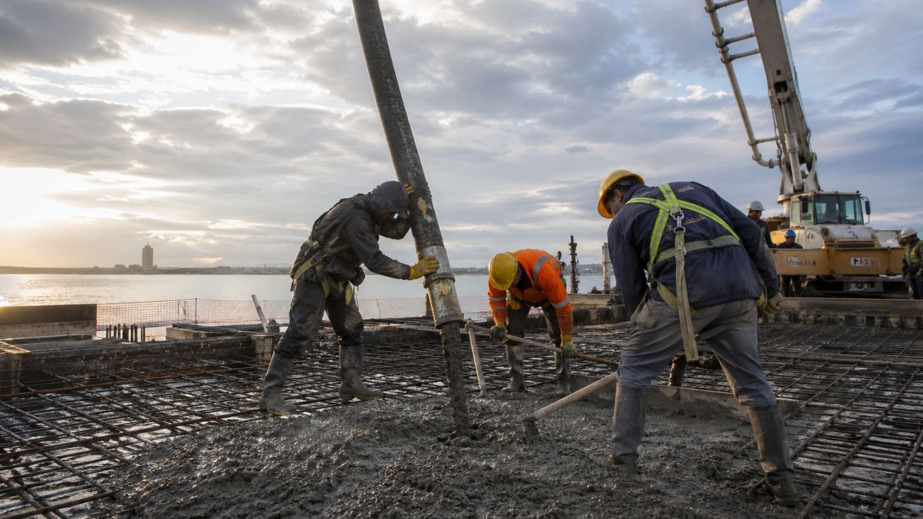 Trabajadores vertiendo hormigón UHPC ultra resistente en obra costera para infraestructuras duraderas.