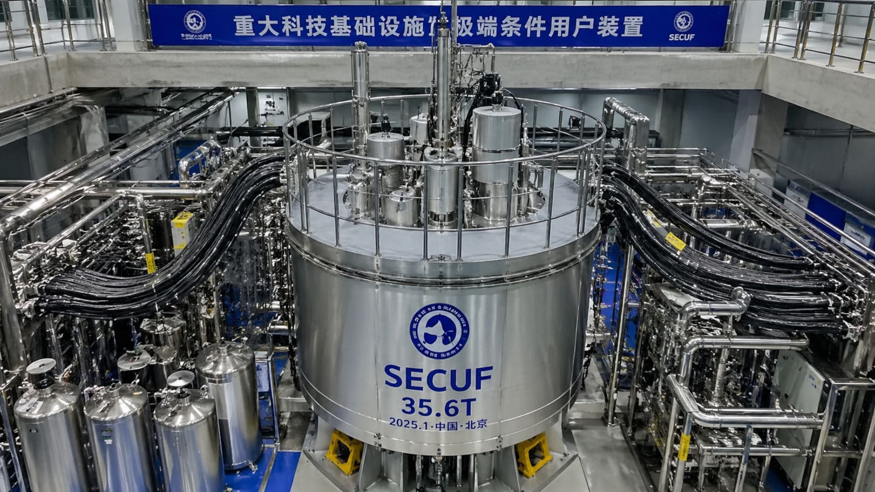 Imán superconductor de 35,6 teslas desarrollado en China en la instalación SECUF en Pekín.